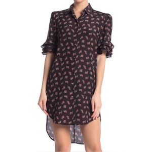 FRAME Printed Ruffled High Low Silk Shirtdress Black Red Floral Small